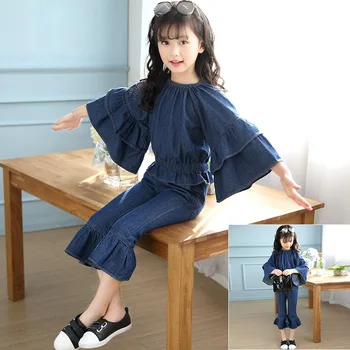 Fashion Brand Baby Girls Spring Denim Suits 2017 Shirt+Pant Two-Piece Flare Sleeves Clothing Children Solid Casual Pullover Sets