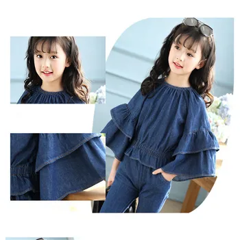 Fashion Brand Baby Girls Spring Denim Suits 2017 Shirt+Pant Two-Piece Flare Sleeves Clothing Children Solid Casual Pullover Sets