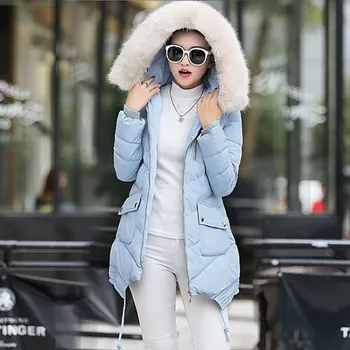 New 2016 Winter Warm Down Cotton Jacket Women Faux Fur Collar Thick Slim Hooded Long Parkas Coat Female Casual Outwear