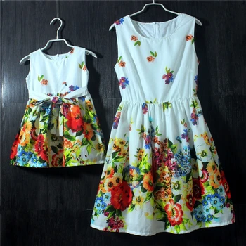 European and American style cotton soft floral Sleeveless holiday Birthday dress skirts princess girls mother and daughter dress