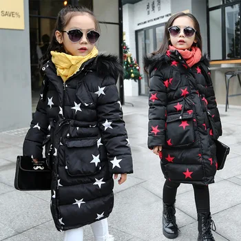 Children WinterJackets For Girls 2016 Long Winter Coat Thick Cotton Padded Jacket Pentagram Printed Padded Down Children Parka