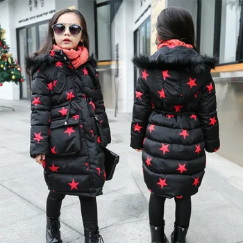 Children WinterJackets For Girls 2016 Long Winter Coat Thick Cotton Padded Jacket Pentagram Printed Padded Down Children Parka