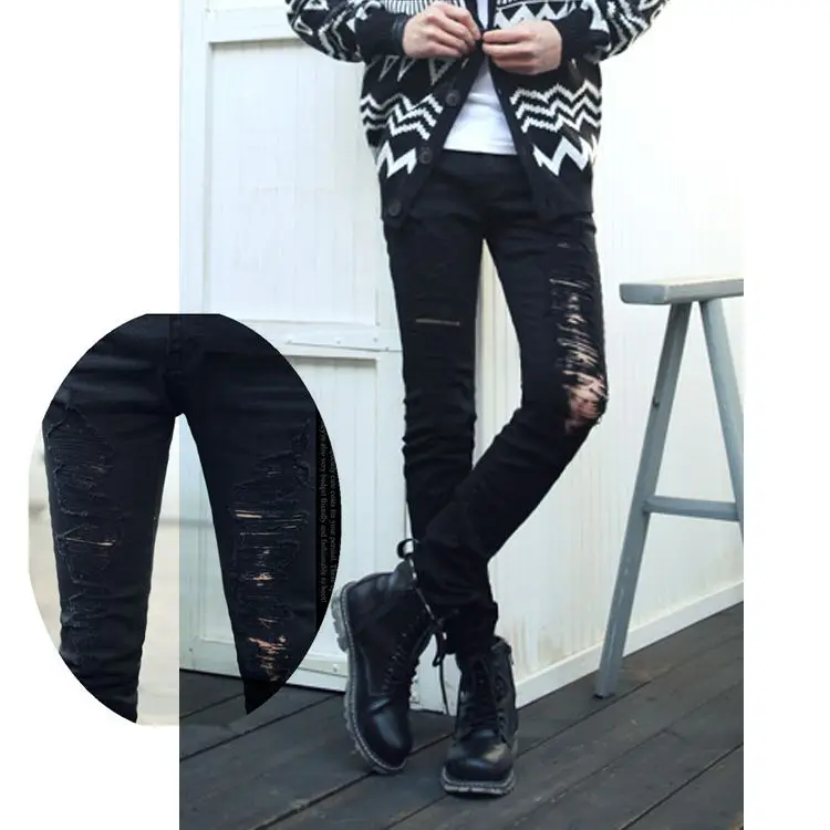 Newest Men's Runway Fashion Hollow Chains Ripped Skinny Black Denim Jeans Pant, Slim Fit Designer Jeans Trousers MB288