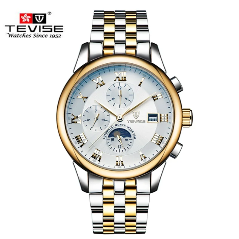Top Brand Luxury Waterproof Automatic Watch Men Mechanical Watch Luminous Sport Casual Moon Prase Watch Relogio Masculino TEVISE