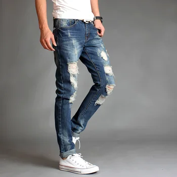 2016 autumn and winter hot-selling punk style male personality hole whisker slim fit ripped denim trousers pants MB16299