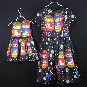 Family matching clothes brand European owl cartoon mommy girls princess chiffon children dress party mother and daughter dresses