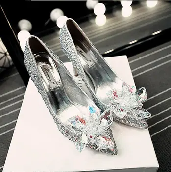 Original wedding shoes woman Shanda Cinderella glass slipper leather retro Bridal Shoes crystal high heels shoes big size 42