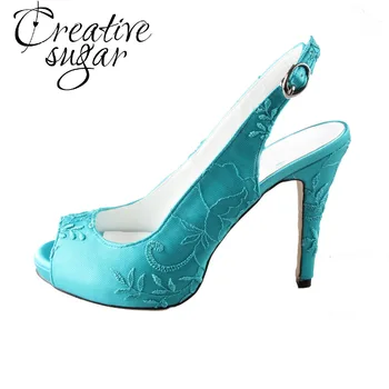 Creativesugar Handmade turquoise slingback high heels lace open peep toe ladies wedding evening party prom shoes pumps big size