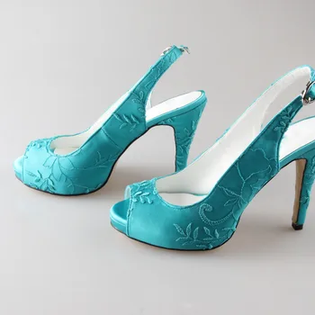 Creativesugar Handmade turquoise slingback high heels lace open peep toe ladies wedding evening party prom shoes pumps big size