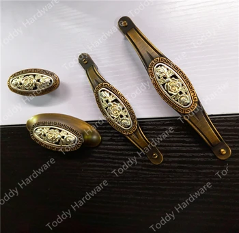 Single Knob Hole CC /64/96/128mm Zinc Alloy Kitchen Furniture handle pulls antique drawer knob with Rose Carving
