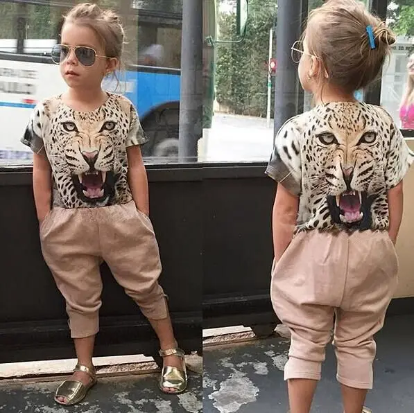 ST247 2016 fashion girls clothes for Summer girls clothing sets cotton leopard print short-sleeve T-shirt + pants kids clothes
