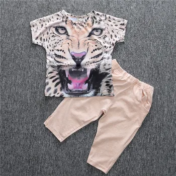 ST247 2016 fashion girls clothes for Summer girls clothing sets cotton leopard print short-sleeve T-shirt + pants kids clothes
