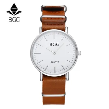 Bgg Simple Business Mens Watch 2016 Fashion quartz-watch Genuine Leather Strap Watch Men Clock With Japan Movement Silver Clock