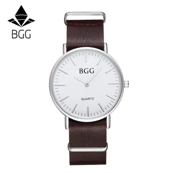 Bgg Simple Business Mens Watch 2016 Fashion quartz-watch Genuine Leather Strap Watch Men Clock With Japan Movement Silver Clock