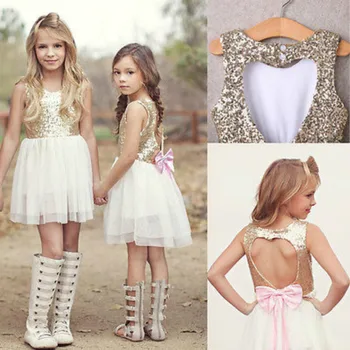 Sequins Princess Kids Baby Flower Girl Dress Bowknot Backless Party Gown Dresses 3-9Y