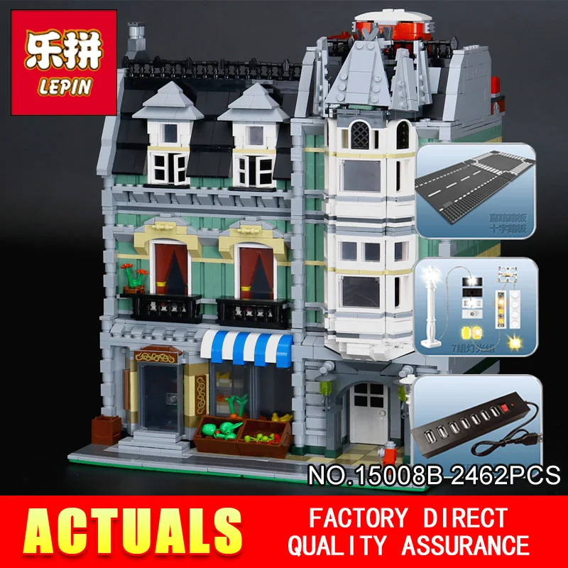 With light New DHL LEPIN 15008B 2462Pcs Modular Creators Buildings Green Grocer Bricks Kits for chilren gift