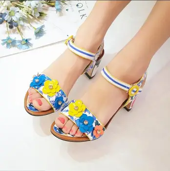 Colorful flowers print women sandals heels small flowers decoration open toe slinbacks shoes beautiful dress and shoes match
