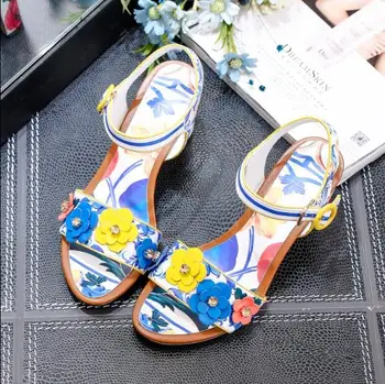 Colorful flowers print women sandals heels small flowers decoration open toe slinbacks shoes beautiful dress and shoes match