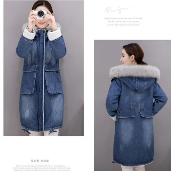 Brand Denim Jacket Women Faux Fur Coat Long Parka Warm Fleece Velvet Pockets Hoody Outwear Manteau Denim Coat Jeans Parka Female