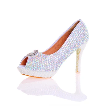 2017 Newest Designer Elegant AB Crystal Peep Toe Nightclub Rhinestone With White Pearls Bridal Wedding Shoes Handmake Stiletto
