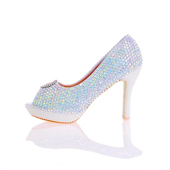 2017 Newest Designer Elegant AB Crystal Peep Toe Nightclub Rhinestone With White Pearls Bridal Wedding Shoes Handmake Stiletto