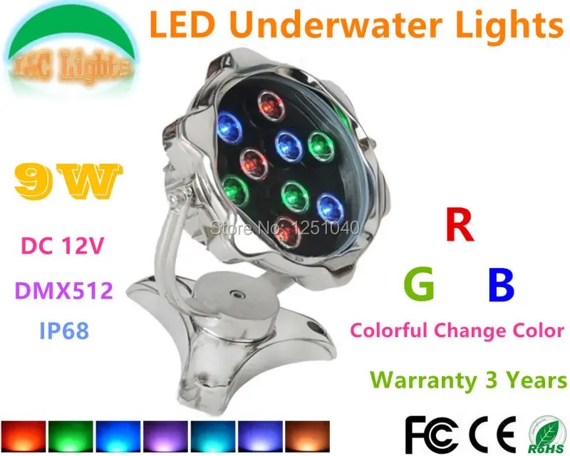 304 stainless steel 9W RGB Colorful LED Underwater Light 12V IP68 Waterproof Fountains Lamp DMX512 2 cable Swimming Pool Lights