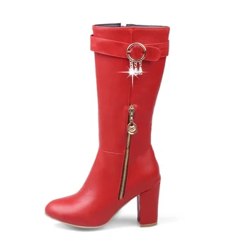Brand New Fashion Women Mid Calf Boots White Red Buckle Ladies Riding Motorcycle Shoes High Heels EMB06 Plus Big size 32 45 11