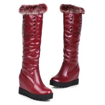 Plus Size 34-43 2016 Womens Winter Rabbit Hair Height Increasing Snow Boots Women Winter High Heels Shoes Woman Knee-High Boots