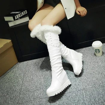 Plus Size 34-43 2016 Womens Winter Rabbit Hair Height Increasing Snow Boots Women Winter High Heels Shoes Woman Knee-High Boots
