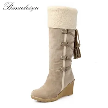 BIMUDUIYU Plus Size Winter Women Snow Boots 7cm High Heels Fashion Scrub Wedges Knee-high Plush Boots Thermal Female Warm Shoes