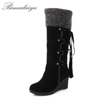 BIMUDUIYU Plus Size Winter Women Snow Boots 7cm High Heels Fashion Scrub Wedges Knee-high Plush Boots Thermal Female Warm Shoes