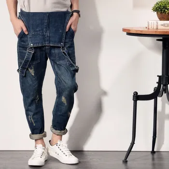 Amp;Hot Sell Men's Blue Distressed Denim Jeans Jumpsuits Men Denim Jumpsuits Plus Size S-XXL