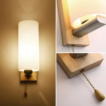 MingBen] Vintage Wall Lamp Night Light Wood+Glass E27 Socket For Bed Room Foyer Living Room