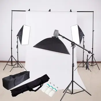 Photo Video Lighting Kit Photography light stand + Softbox + Bulb + boom arm+Backdrop Support Cross Bar+Backdrop+Clamp PSK5F