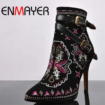 Autumn Winter Women Buckle Ankle Boots High Heels Genuine Leather Motorcycle Boots Ethnic Flower Lady Shoes