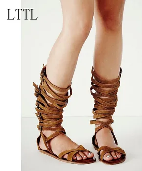 LTTL Women Sandals Gladiator Buckle Strap Flat With Open Toe European Style Sandal Boots Sexy Lace Up Lady Shoes