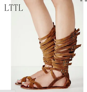 LTTL Women Sandals Gladiator Buckle Strap Flat With Open Toe European Style Sandal Boots Sexy Lace Up Lady Shoes