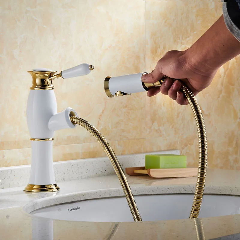 Luxury White & Golden Single Lever Brass Pull Out Bathroom Vessel Sink Faucet Deck Mounted Pull Down Washing Taps