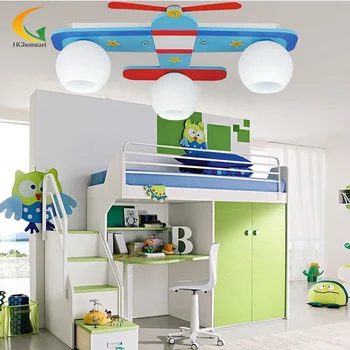 Plane model children's bedroom ceiling lights boy room lamps glass & wood creative rural cartoon kids lighting