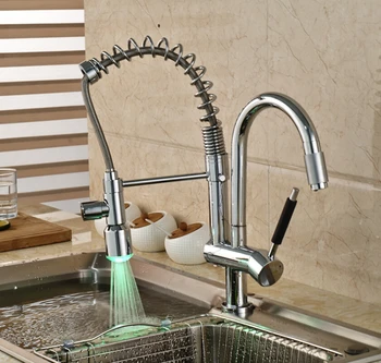 Classic Chrome Brass Hands Free Deck Mount Kitchen Faucet Single Handle LED Light Kitchen Hot Cold Water Taps