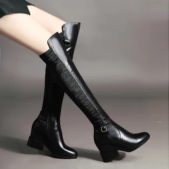 Popular Women Over the Knee Boots Fashion Pointed Toe Square Heels Boots High-quality Black Shoes Woman Size 4-8.5