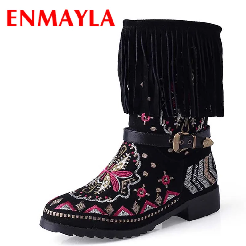 ENMAYLA Autumn Winter Ethnic Snow Boots Women Fashion Tassel Embroidered Boots Shoes Women Fringe Flats Shoes Women Buckle Boots