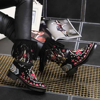 ENMAYLA Autumn Winter Ethnic Snow Boots Women Fashion Tassel Embroidered Boots Shoes Women Fringe Flats Shoes Women Buckle Boots