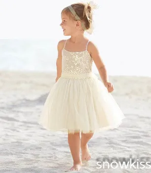 New white/ivory nice spaghetti straps sequined knee length A-line flower girl dress beautiful square collar birthday party gowns