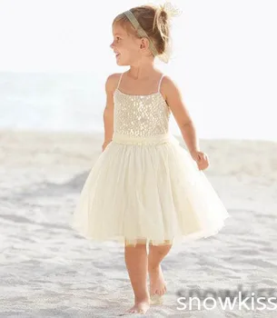 New white/ivory nice spaghetti straps sequined knee length A-line flower girl dress beautiful square collar birthday party gowns