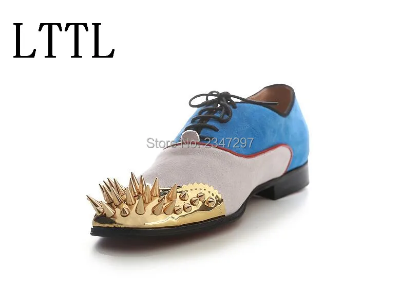 LTTL Gold Rivets Suede Men Driving Flats Wedding Shoes Lace up Mixed Color Studded Spike Shoes Cool Zapatos Hombre