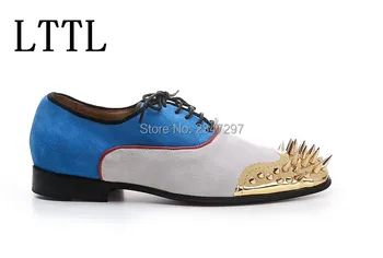 LTTL Gold Rivets Suede Men Driving Flats Wedding Shoes Lace up Mixed Color Studded Spike Shoes Cool Zapatos Hombre