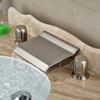 Brushed Nickel Luxury Waterfall Spout Bathroom Tub Faucet Dual Handles Basin Sink Mixer Taps