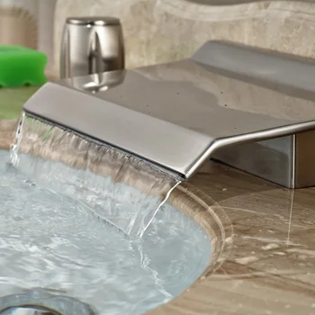 Brushed Nickel Luxury Waterfall Spout Bathroom Tub Faucet Dual Handles Basin Sink Mixer Taps