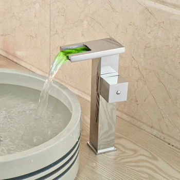 Color Changing LED Waterfall Basin Faucet Tap Single Handle Brass Chrome Mixer Tap with Hot Cold Water